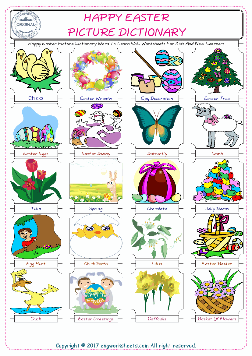  Happy Easter English Worksheet for Kids ESL Printable Picture Dictionary 